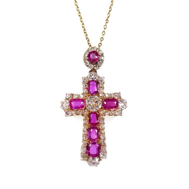 Antique ruby and diamond cluster cross pendant
